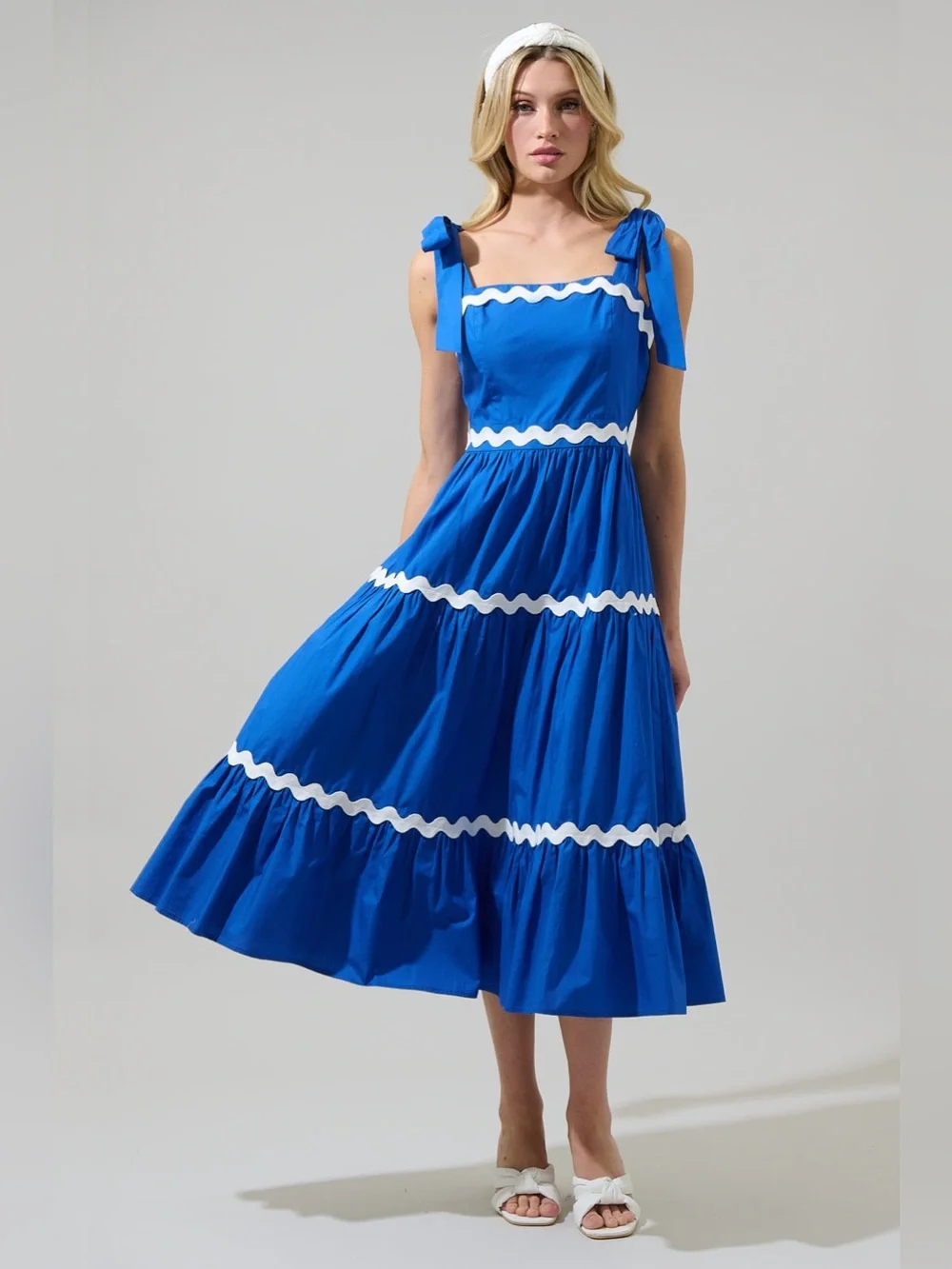 Sugarlips Edith Tiered Midi Dress MEDIUM Blue/White NEW WITH TAGS - Picture 1 of 10